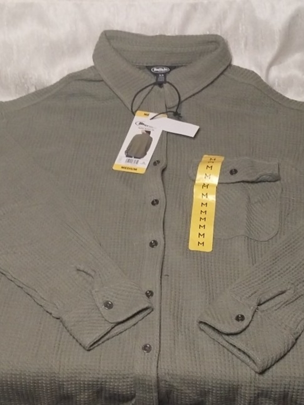Buffalo Button-Up Waffle Knit Shirt Womens M Olive Green